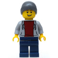 fig-009790 – Man, Light Bluish Gray Hoodie over Dark Red Shirt, Dark Blue Legs, Beanie Hat