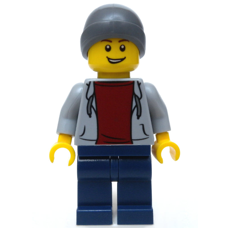 fig-009790 – Man, Light Bluish Gray Hoodie over Dark Red Shirt, Dark Blue Legs, Beanie Hat
