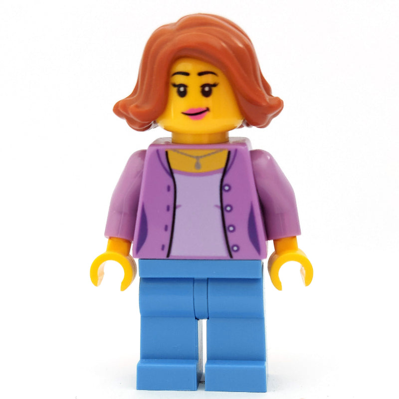 fig-009791 – Woman, Open Medium Lavender Shirt over Lavender Top, Medium Blue Legs, Dark Orange Hair