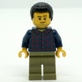 fig-009794 – Man, Dark Blue Plaid Shirt, Olive Legs, Black Hair, Stubble