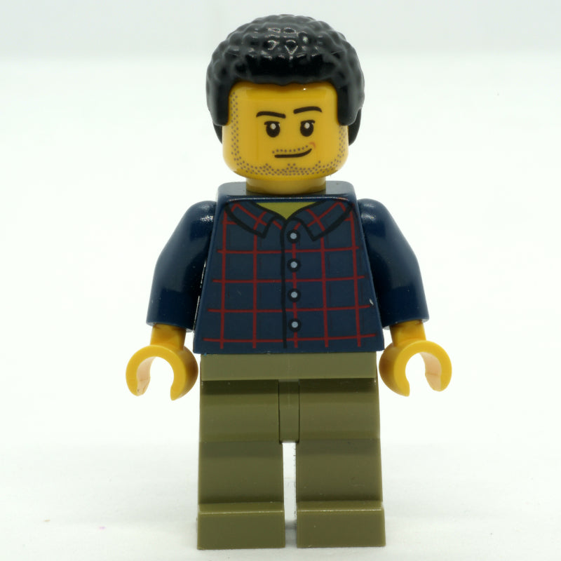 fig-009794 – Man, Dark Blue Plaid Shirt, Olive Legs, Black Hair, Stubble