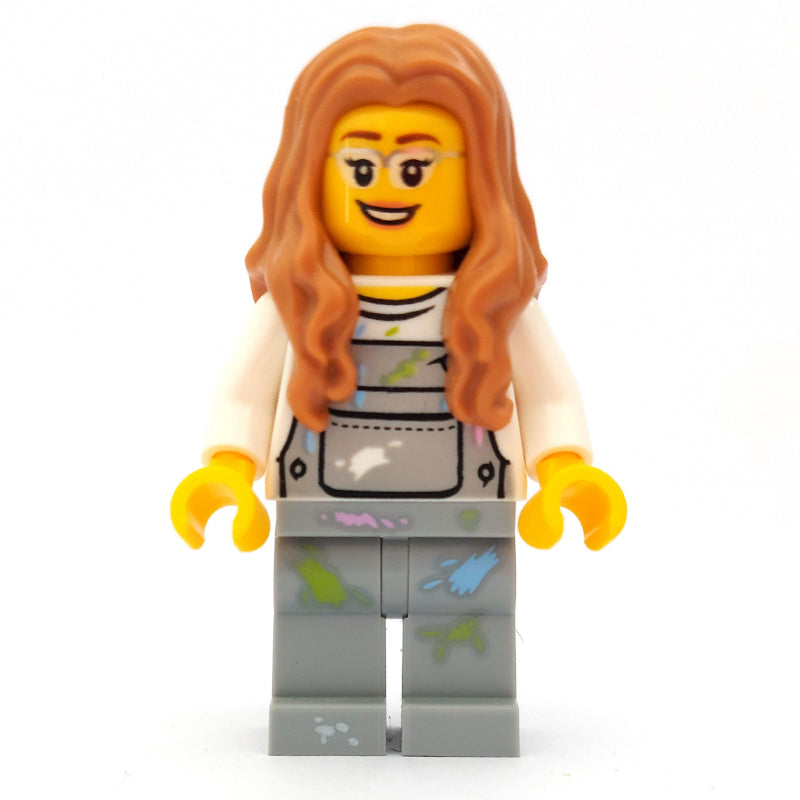fig-009795 – Woman, Light Bluish Gray Overalls with Paint Stains, Medium Nougat Hair, Glasses