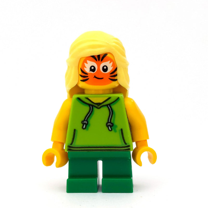 fig-009797 – Girl, Lime Hoodie, Short Green Legs, Tiger Facepaint