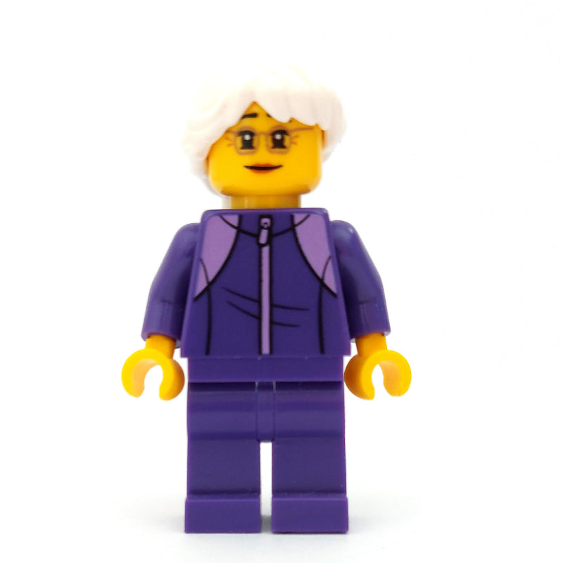 fig-009800 – Woman, Dark Purple Jogging Suit, White Hair, Small Glasses