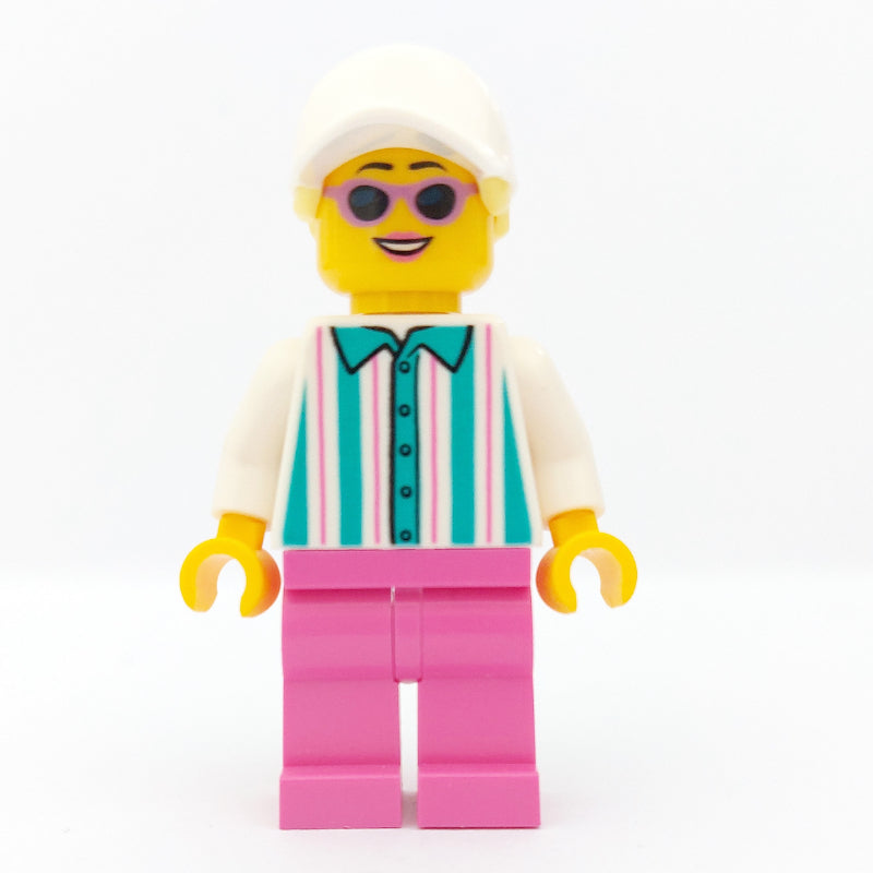 fig-009801 – Woman, White and Dark Turquoise Striped Shirt, Dark Pink Legs, White with Hair