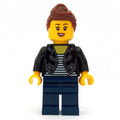 fig-009805 – Woman, Open Black Jacket over Black and White Striped Top, Dark Blue Legs, Reddish Brown Hair