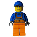 fig-009806 – Construction Worker, Orange Overalls over Blue Sweater, Blue Cap