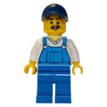 fig-009810 – Man, Blue Overalls over White V-Neck Shirt, Dark Blue Cap, Moustache