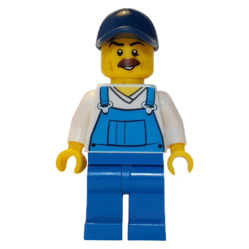 fig-009810 – Man, Blue Overalls over White V-Neck Shirt, Dark Blue Cap, Moustache