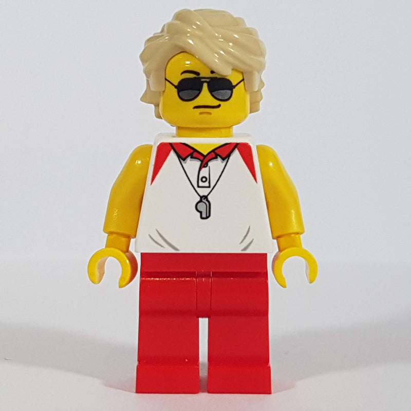 fig-009811 – Lifeguard, White Polo Shirt with Whistle, Red Legs, Tan Hair, Sunglasses
