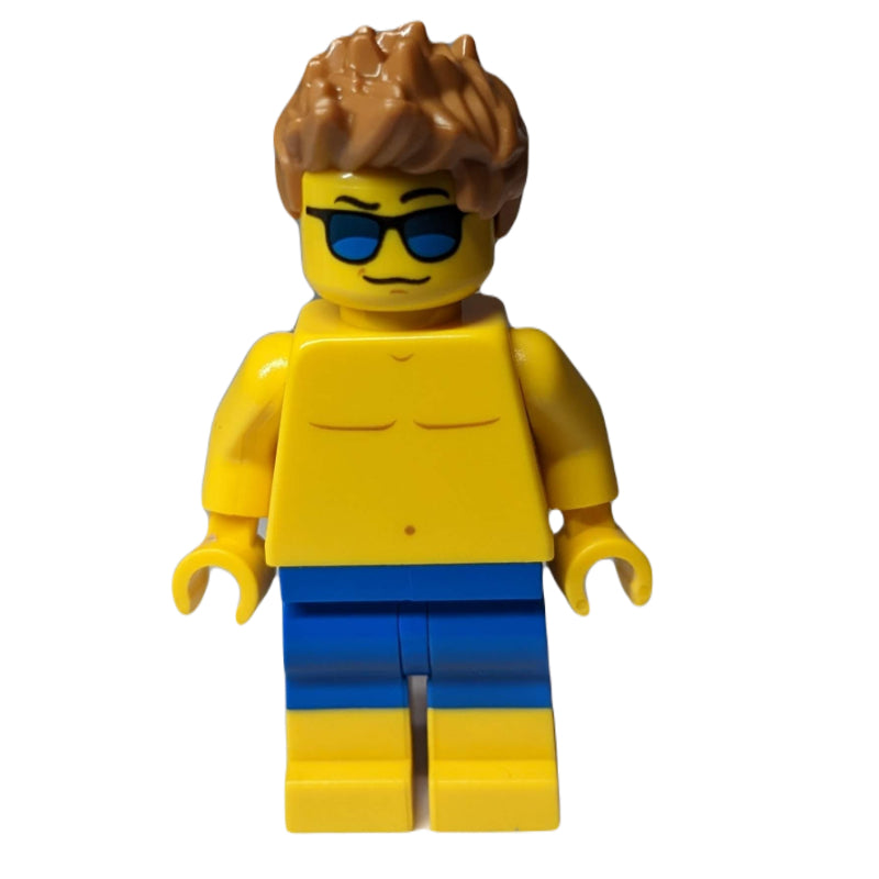 fig-009812 – Man, Shirtless, Blue Swim Trunks, Medium Nougat Hair, Sunglasses