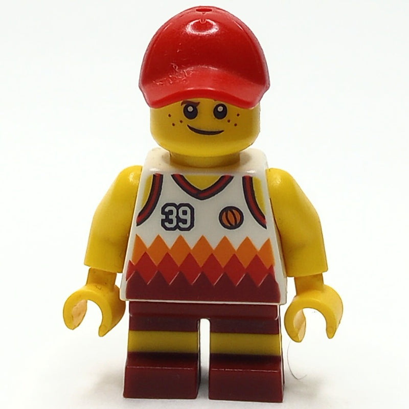 fig-009814 – Boy, White and Dark Red Basketball Jersey with '39', Dark Red Shorts, Red Cap