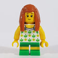 fig-009816 – Girl, White Top with Lime and Green Pattern, Green Shorts, Dark Orange Hair