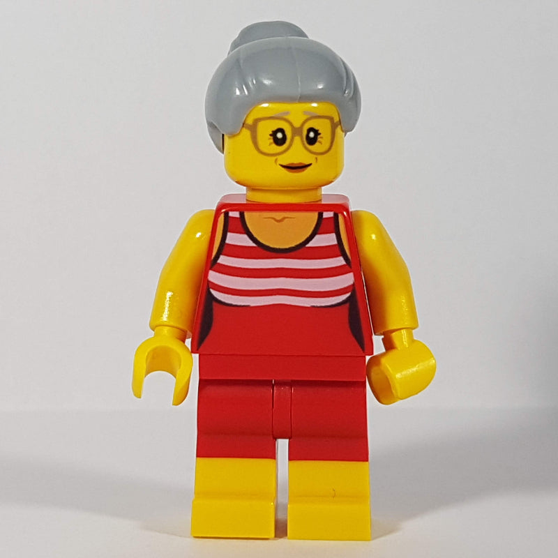 fig-009817 – Woman, Red and White Swimsuit, Light Bluish Gray Hair, Glasses