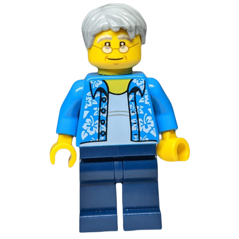 fig-009818 – Man, Open Dark Azure Hawaiian Shirt, Dark Blue Legs, Light Bluish Gray Hair, Glasses
