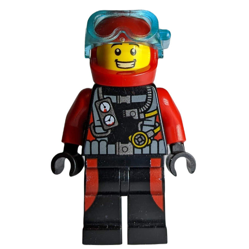 fig-009821 – Diver, Man, Red and Black Wetsuit with Straps and Gauges, Red Helmet with Mask