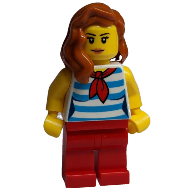fig-009822 – Woman, White and Dark Azure Striped Tank Top with Red Neckerchief, Red Legs, Dark Orange Hair
