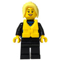 fig-009823 – Surfer, Woman, Black Wetsuit, Bright Light Yellow Hair, Yellow Life Vest