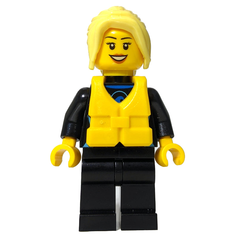 fig-009823 – Surfer, Woman, Black Wetsuit, Bright Light Yellow Hair, Yellow Life Vest