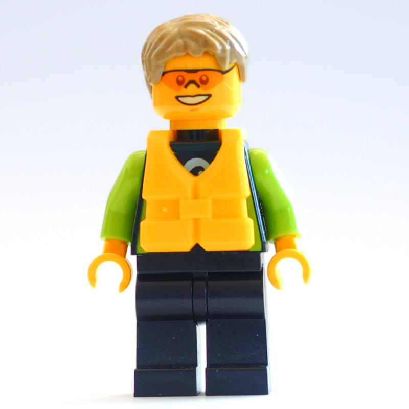 fig-009824 – Man, Black and Lime Wetsuit, Dark Tan Hair, Yellow Life Vest, Orange Safety Glasses