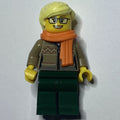fig-009829 – Woman, Dark Tan Cardigan with Zipper, Dark Green Legs, Bright Light Yellow Hair, Glasses