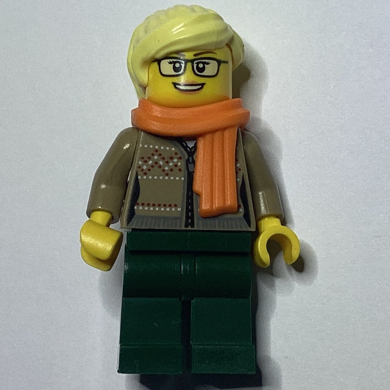 fig-009829 – Woman, Dark Tan Cardigan with Zipper, Dark Green Legs, Bright Light Yellow Hair, Glasses