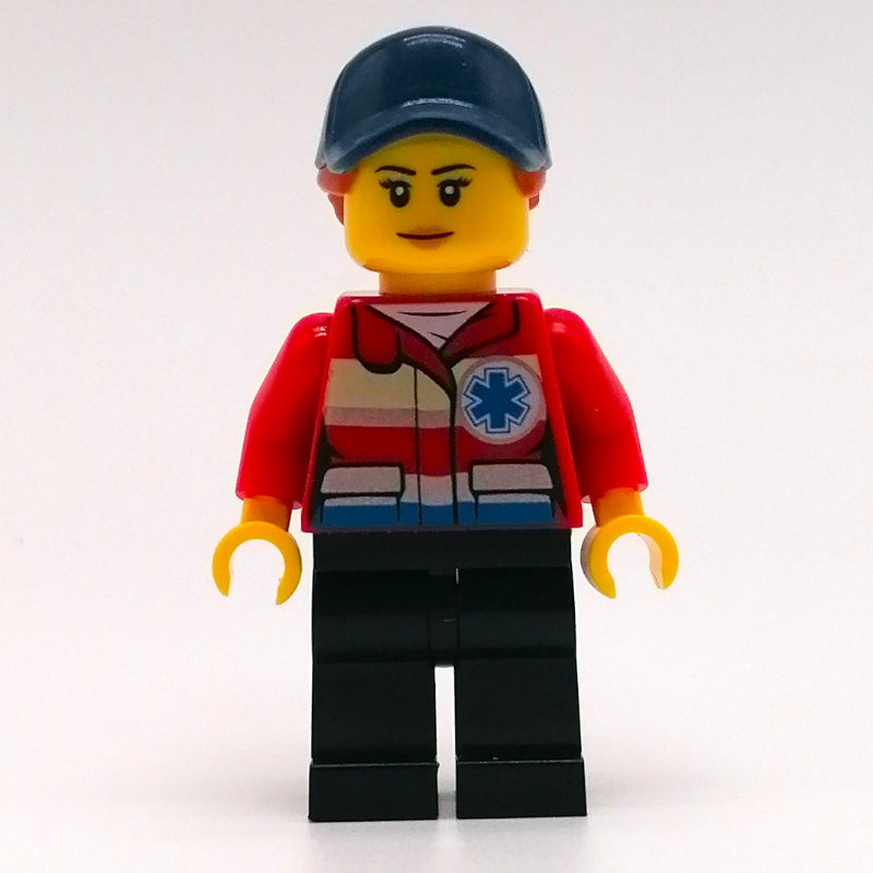 fig-009830 – Paramedic, Woman, Red Jacket with Star of Life, Dark Blue Cap with Hair