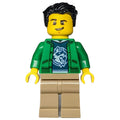 fig-009831 – Man, Open Green Jacket, Dark Tan Legs, Black Hair