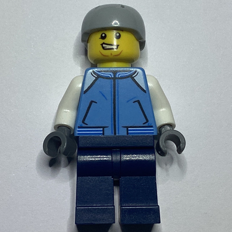 fig-009832 – Man, Bright Light Blue Letterman Jacket, Dark Blue Legs, Light Bluish Gray Helmet