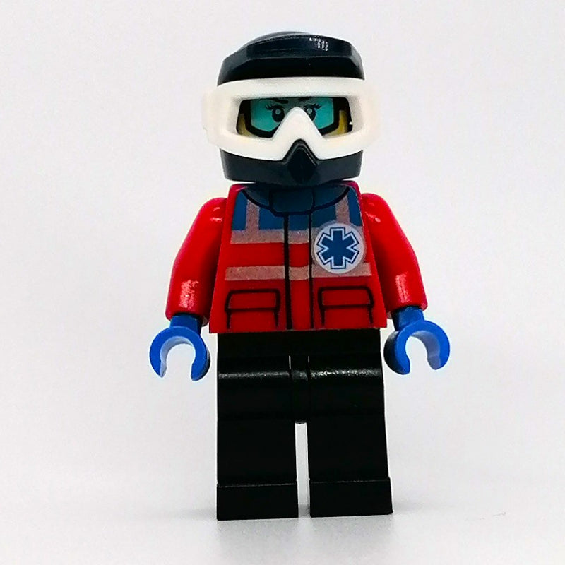 fig-009834 – Paramedic, Woman, Red Jacket with Star of Life, Dark Blue Dirt Bike Helmet with Snow Goggles, Printed Snow Goggles