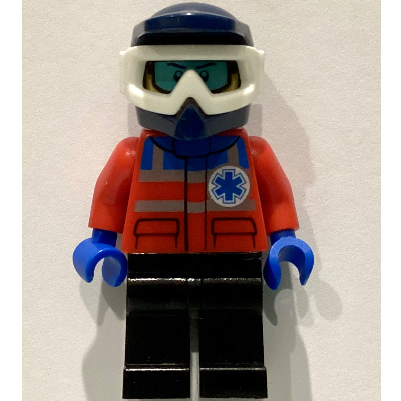 fig-009835 – Paramedic, Red Jacket with Star of Life, Dark Blue Dirt Bike Helmet with Snow Goggles, Printed Snow Goggles