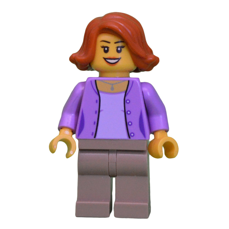 fig-009837 – Woman, Open Medium Lavender over Lavender Shirt, Dark Tan Legs, Dark Orange Hair