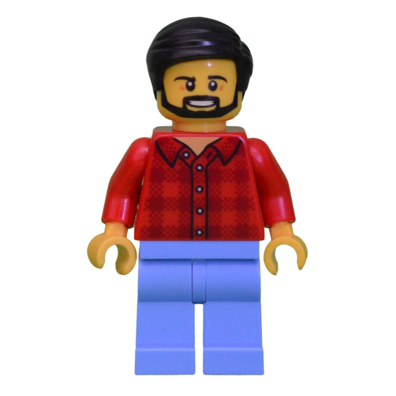 fig-009838 – Man, Red Flannel Shirt, Medium Blue Legs, Black Hair, Beard