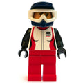 fig-009840 – Racer, Woman, White, Black and Red Jacket, Red Legs, Dark Blue Dirt Bike Helmet with Goggles, Dirt Stains