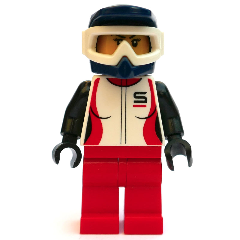 fig-009840 – Racer, Woman, White, Black and Red Jacket, Red Legs, Dark Blue Dirt Bike Helmet with Goggles, Dirt Stains