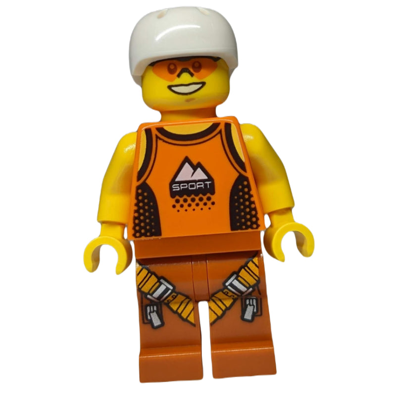 fig-009841 – Man, Orange Tank Top with 'SPORT', Dark Orange Legs with Straps, White Helmet, Orange Safety Glasses