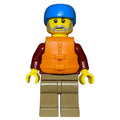 fig-009842 – Man, Open Dark Red Jacket, Dark Tan Legs, Dark Azure Helmet, Orange Life Vest, Beard