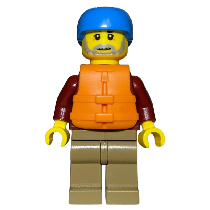 fig-009842 – Man, Open Dark Red Jacket, Dark Tan Legs, Dark Azure Helmet, Orange Life Vest, Beard