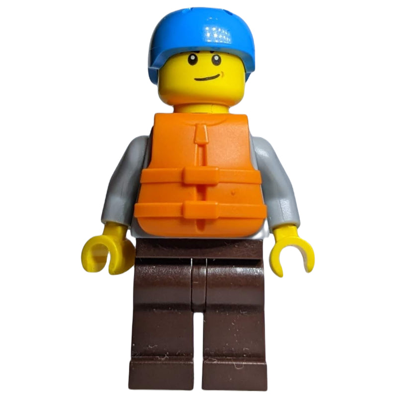 fig-009843 – Man, Light Bluish Gray Hoodie over Dark Red Shirt, Dark Brown Legs, Dark Azure Helmet, Orange Life Vest
