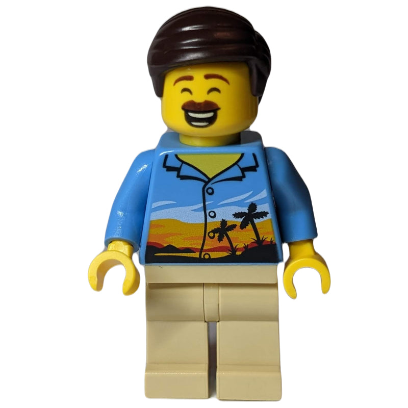 fig-009846 – Man, Medium Blue Shirt with Palm Trees and Sunset, Tan Legs, Dark Brown Hair, Moustache