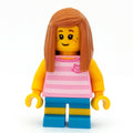fig-009847 – Girl, Bright Pink Striped Top with Cat Head, Dark Azure Shorts, Medium Nougat Hair