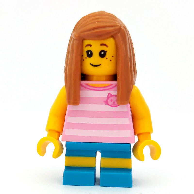 fig-009847 – Girl, Bright Pink Striped Top with Cat Head, Dark Azure Shorts, Medium Nougat Hair
