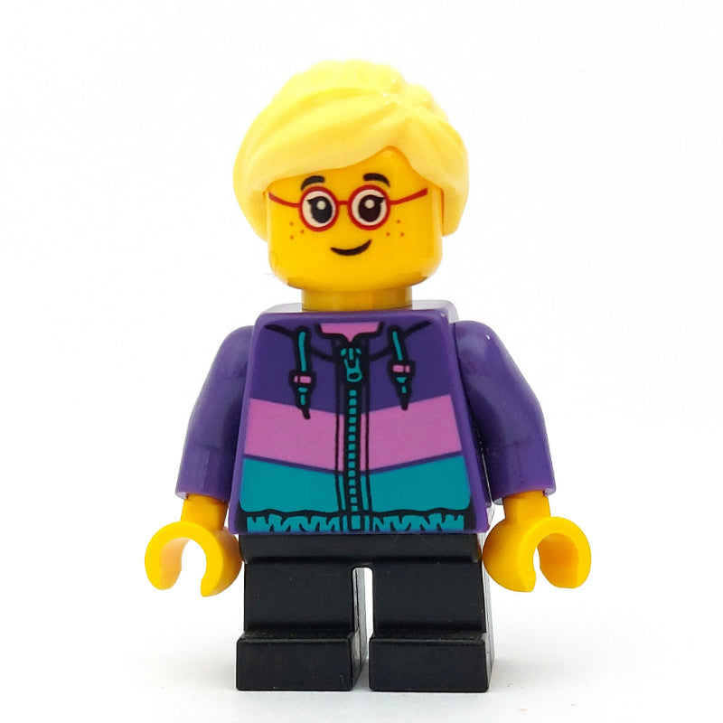 fig-009848 – Girl, Dark Purple Jacket, Short Black Legs, Bright Light Yellow Hair