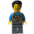 fig-009850 – Man, Dark Tan Vest with Zippers and Pouches, Black Hair, Baby Carrier, Stubble