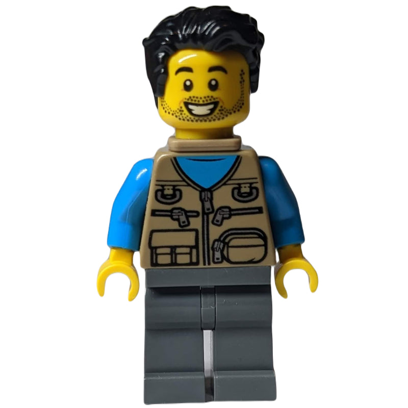 fig-009850 – Man, Dark Tan Vest with Zippers and Pouches, Black Hair, Baby Carrier, Stubble