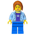 fig-009853 – Woman, Open Bright Light Blue Hoodie over Dark Purple Shirt with Star, Blue Legs, Dark Orange Hair