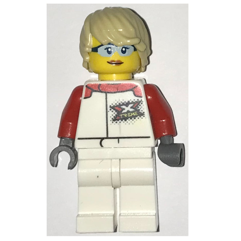 fig-009856 – Racer, Woman, White and Red Jumpsuit, Tan Hair, Safety Glasses