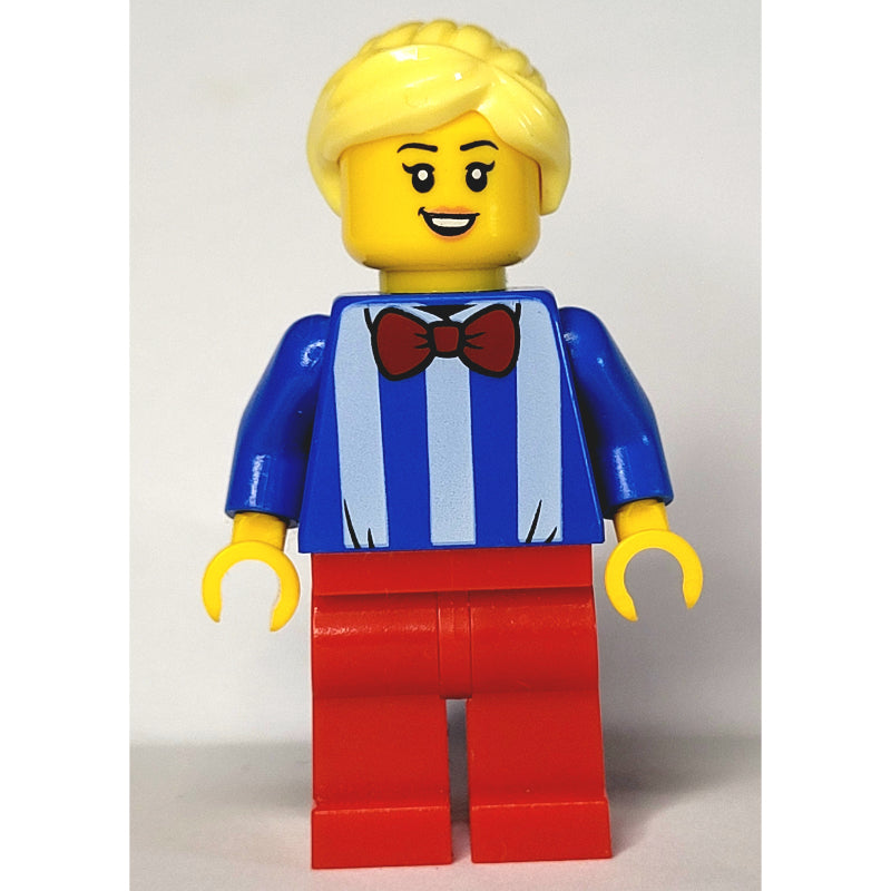 fig-009858 – Woman, Blue and White Stripe Shirt with Red Bow Tie, Red Legs, Bright Light Yellow Hair