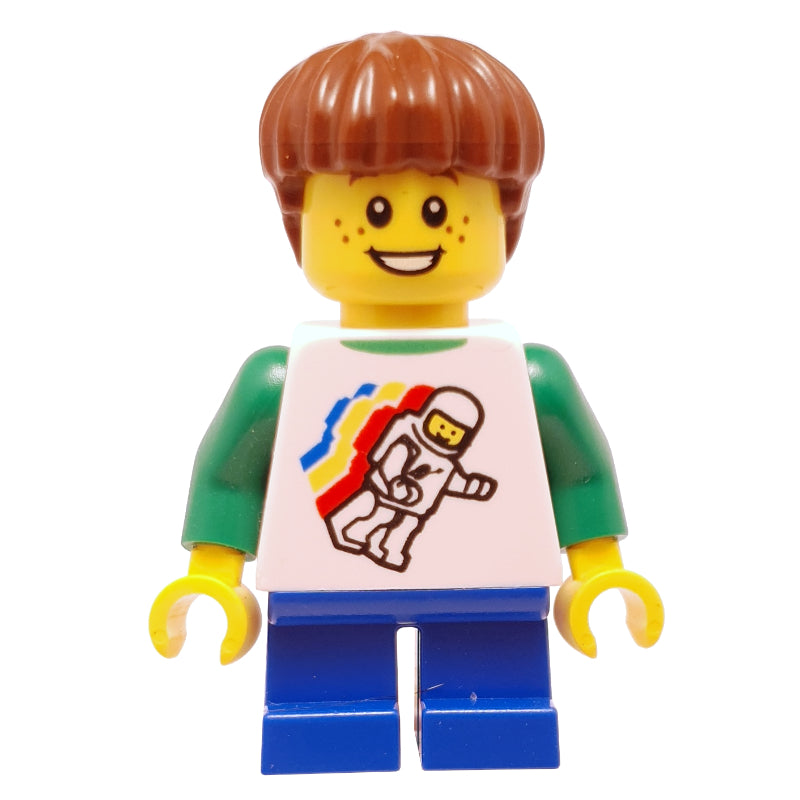fig-009862 – Boy, Floating Classic Spaceman on Shirt, Short Blue Legs, Reddish Brown Hair