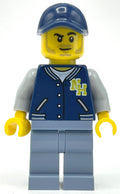 fig-009863 – Man, Dark Blue Letterman Shirt with 'NH', Sand Blue Legs, Dark Blue Cap, Stubble